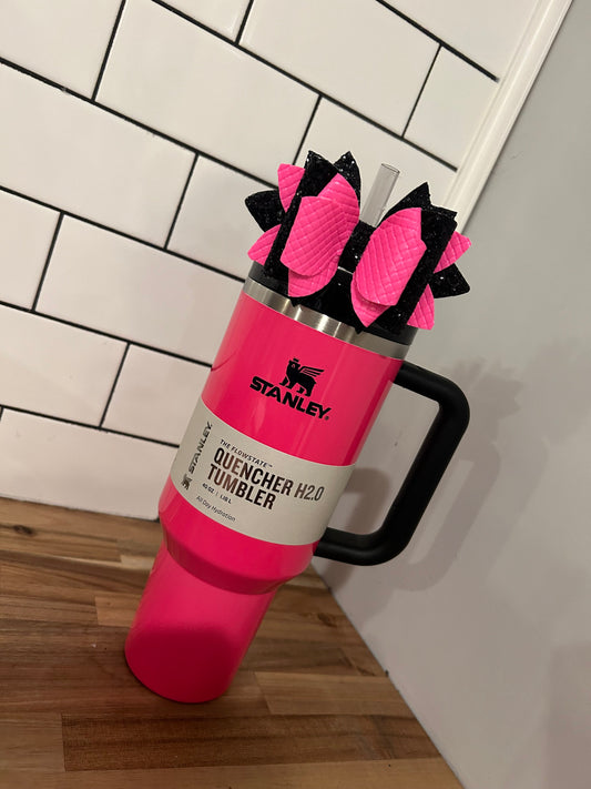 Stanley Tumbler Bow neon pink black Glitter Straw Topper hot pink