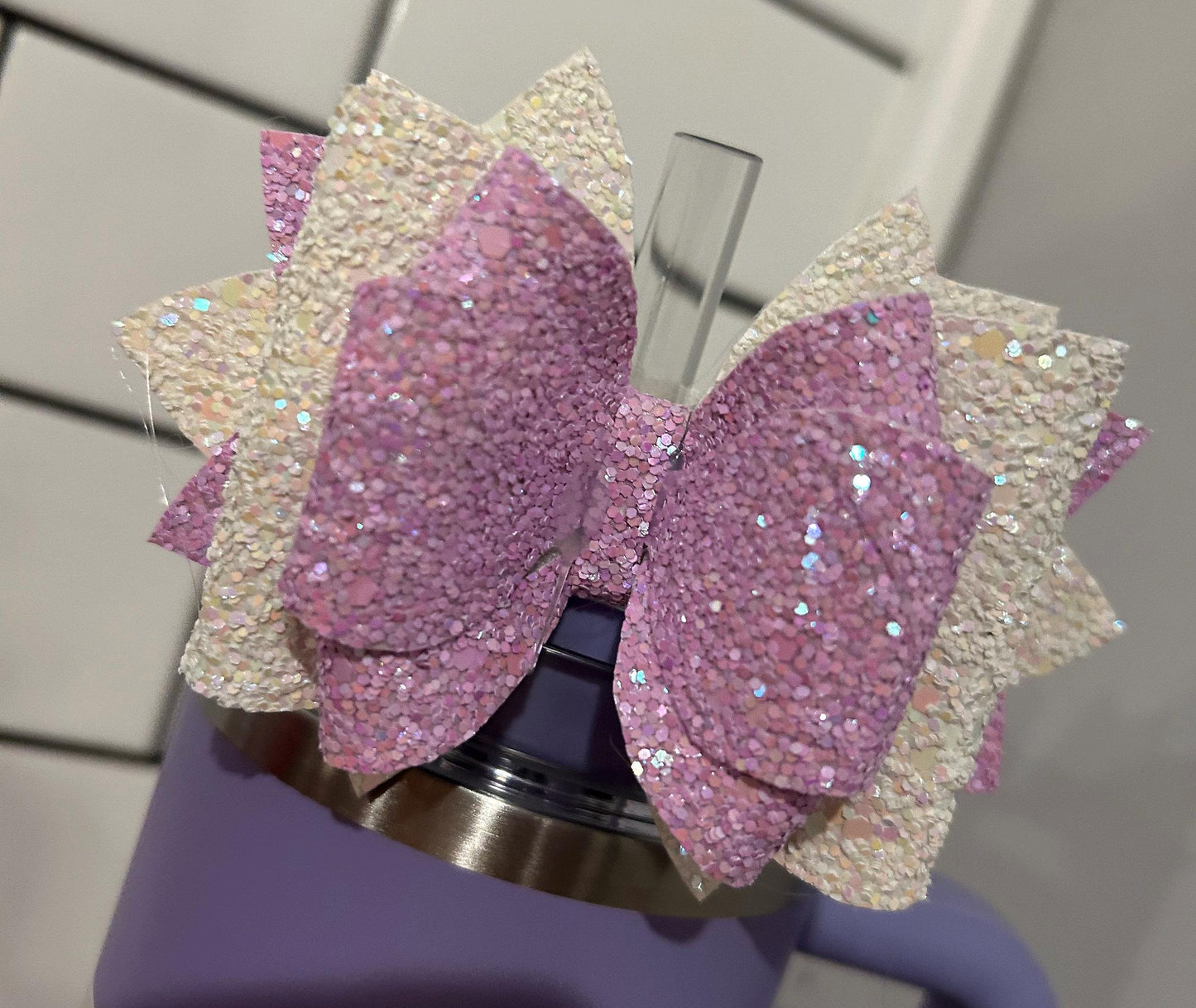 Stanley Tumbler Bow Lilac White Glitter Straw Topper  Lavender Purple