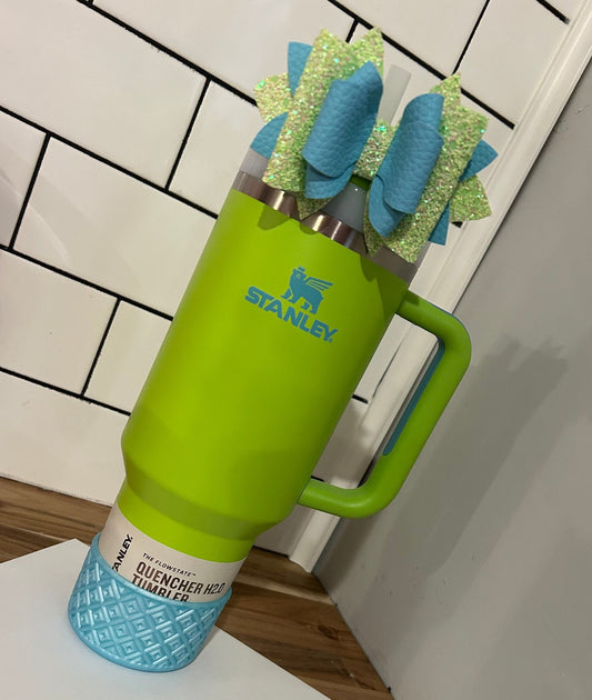 Stanley Tumbler Bow bright lime neon green light blue Glitter Straw Topper hot pink white neon green lime green
