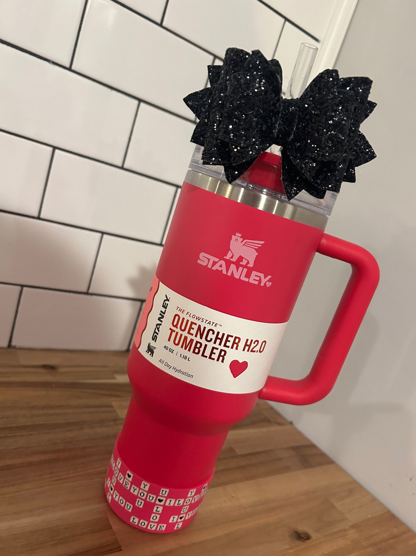 Glitter Tumbler Bow for Stanley, straw topper, black glitter