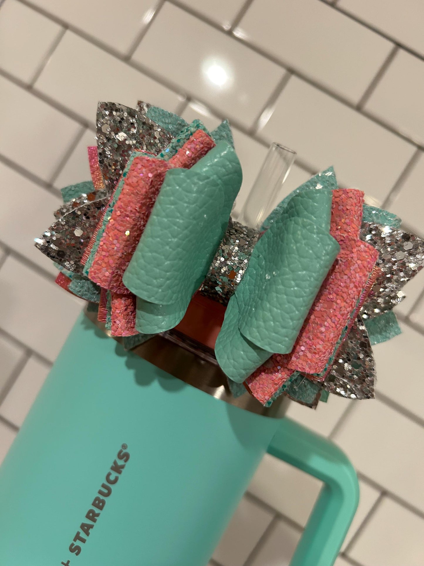 xl Glitter Tumbler Bow for Stanley, straw topper, moolah moo lah aqua teal peach orange orange Thailand two tone red iridescent tiffany