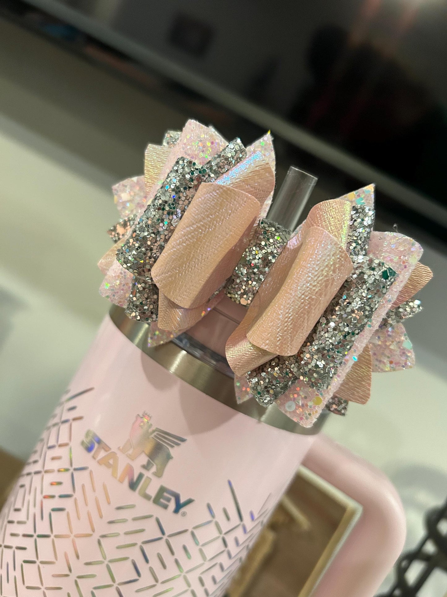 Stanley Tumbler Bow petal Straw Topper shimmer winter wonderland icicle gloss white pink silver parfait pearlescent bloom iridescent