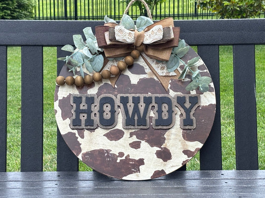 18” Wooden door Sign, hanger, porch, cow print cowhide howdy hello welcome, highland cow, western