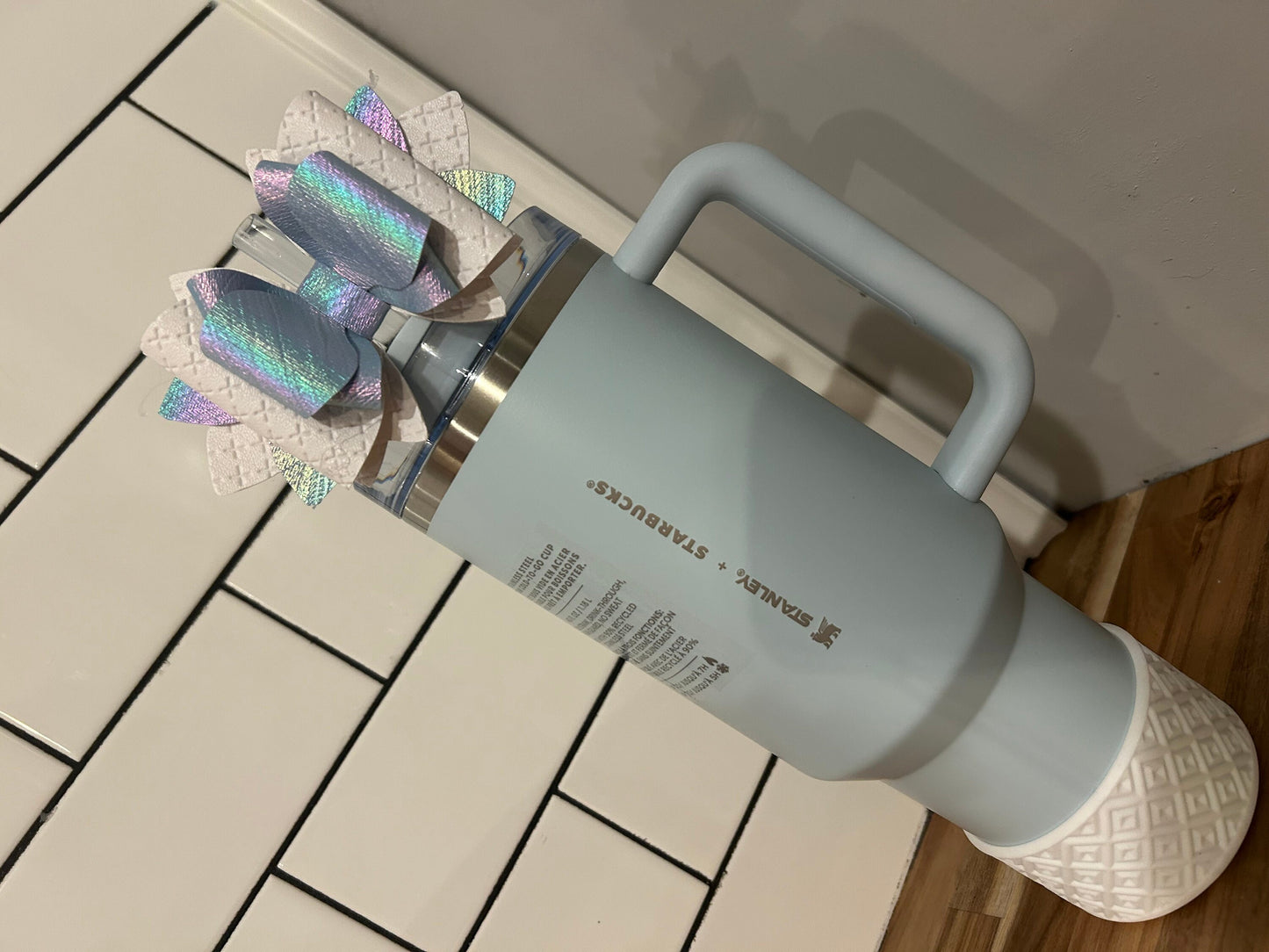 Stanley tumbler bow topper for straw iridescent light blue Silver Cinderella stanley Starbucks spring blue Shining white