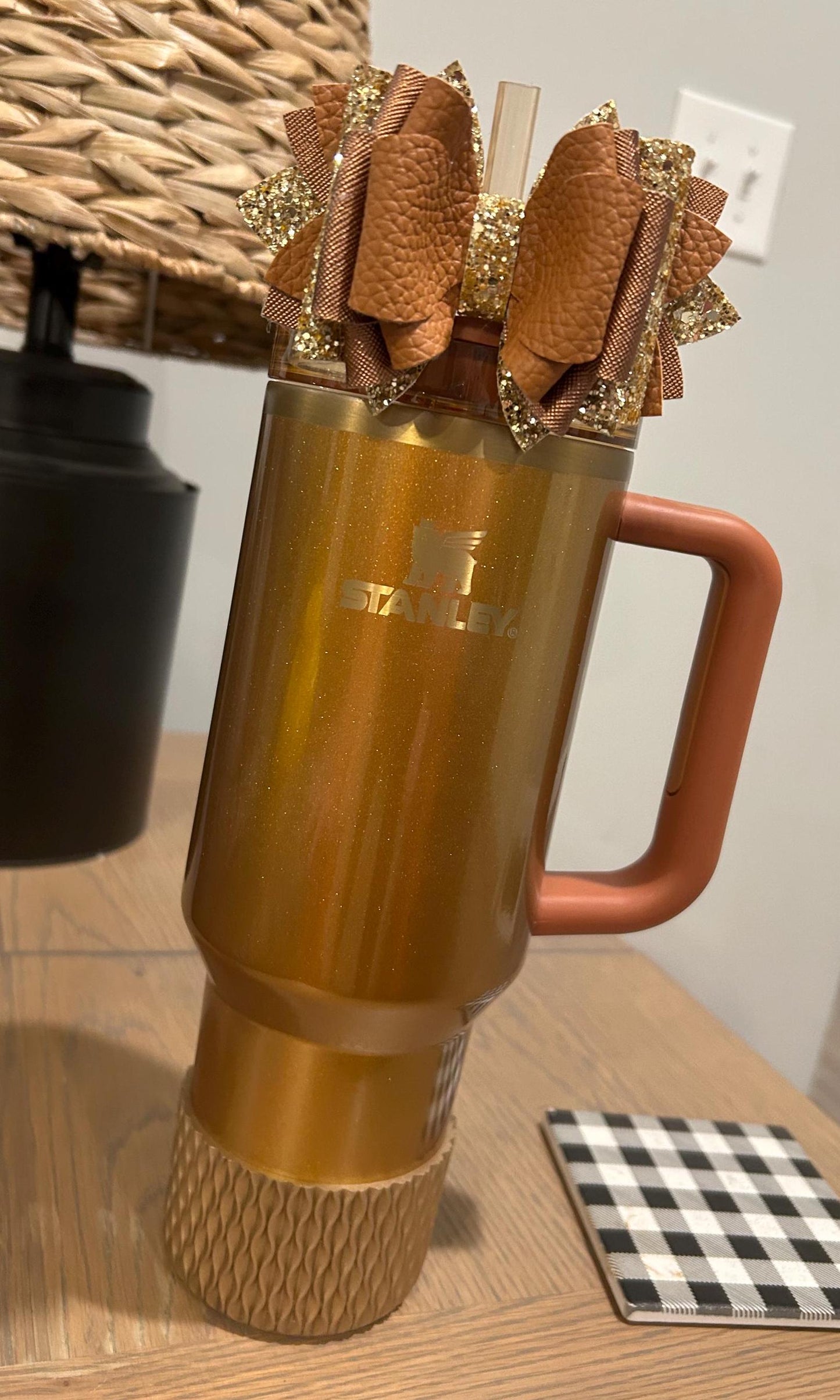 Glitter Tumbler Bow for Stanley, straw topper orange brown gold glitter tiger tyger Tyler Tyla copper tinsel beige
