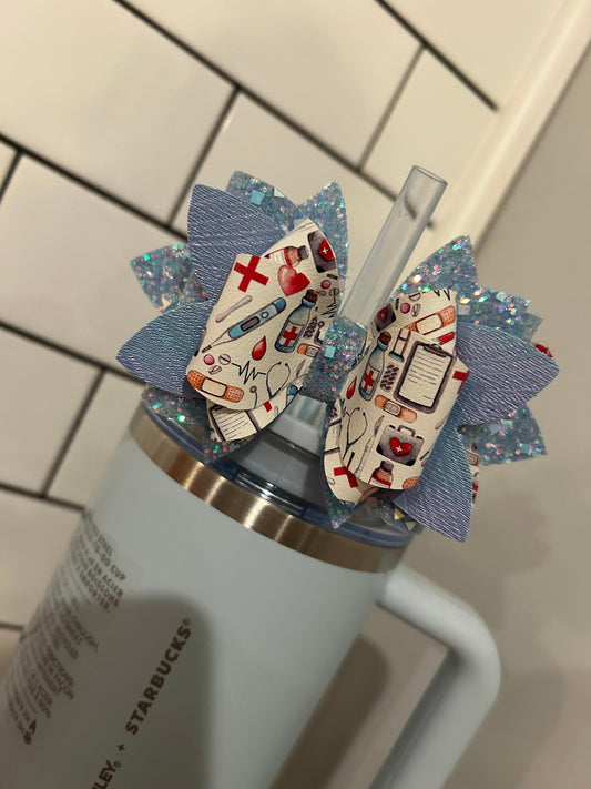 Tumbler Bow for Stanley, straw topper, nurse rn Lpn cna ma pa Md doctor np apn glitter spring blue chambray healthcare medical aprn dental
