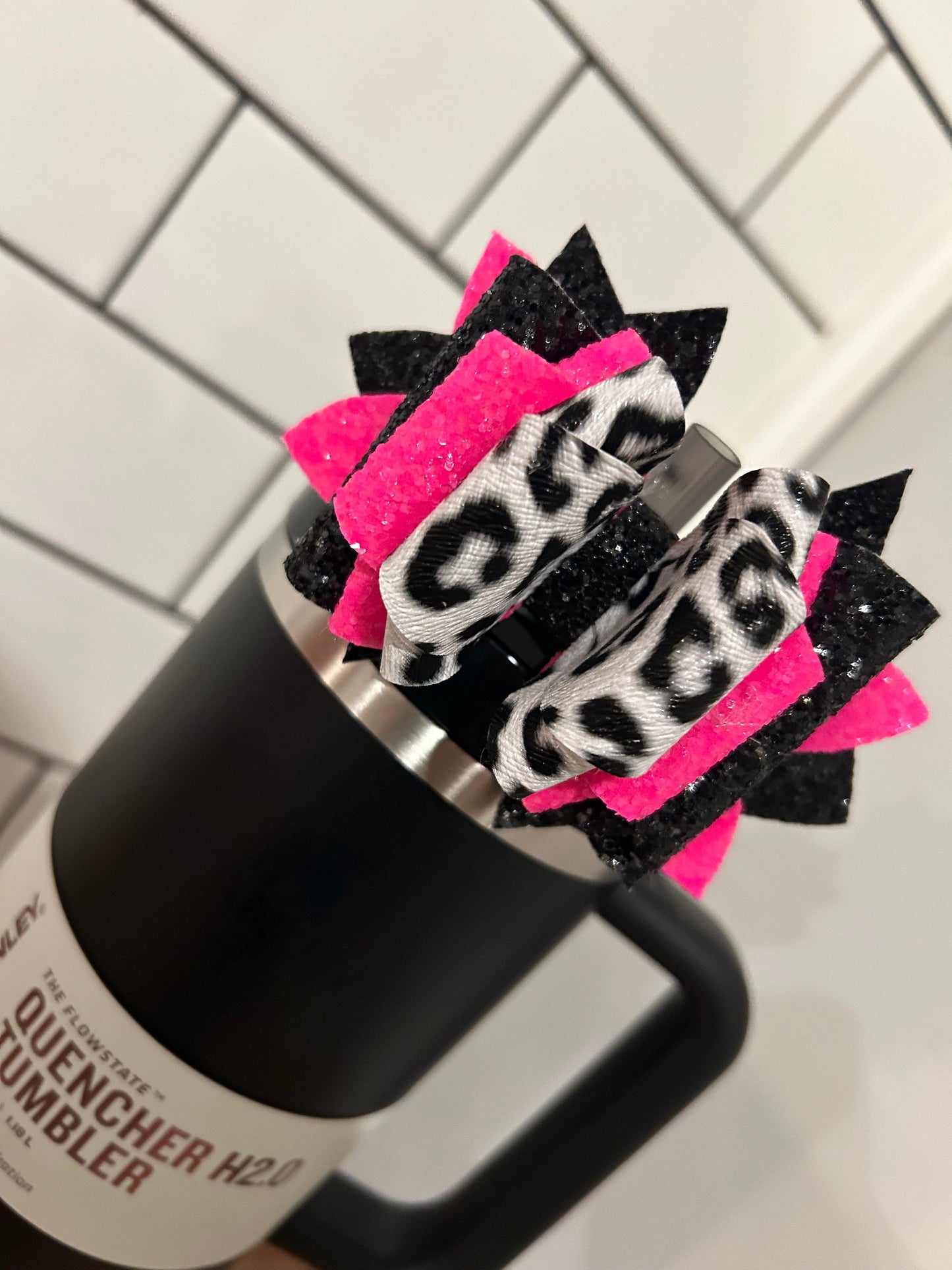 Tumbler Bow for Stanley, straw topper, black white glitter snow leopard neon pink green orange yellow blaze customize another color for pink