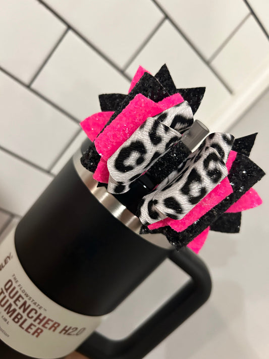 Tumbler Bow for Stanley, straw topper, black white glitter snow leopard neon pink green orange yellow blaze customize another color for pink