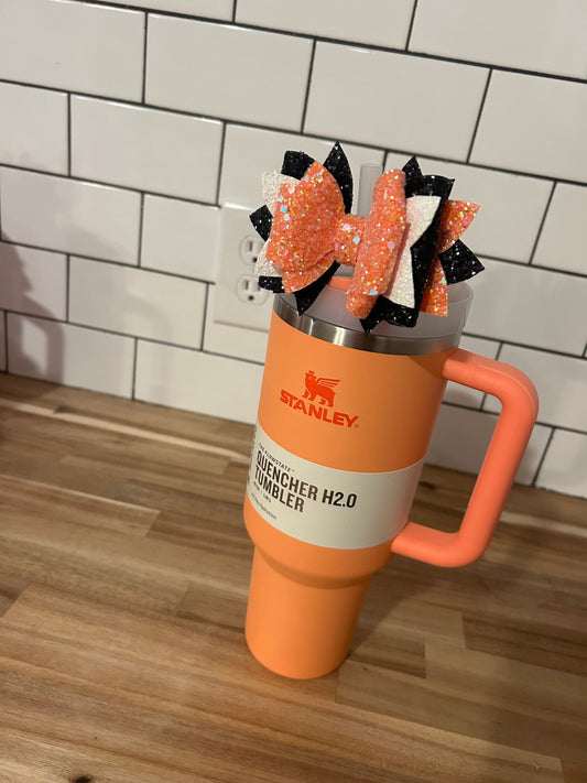 Stanley Tumbler Bow diamond Glitter Straw Topper sunshine yellow black orange tigerlilly peach sparkle nectarine go tigers
