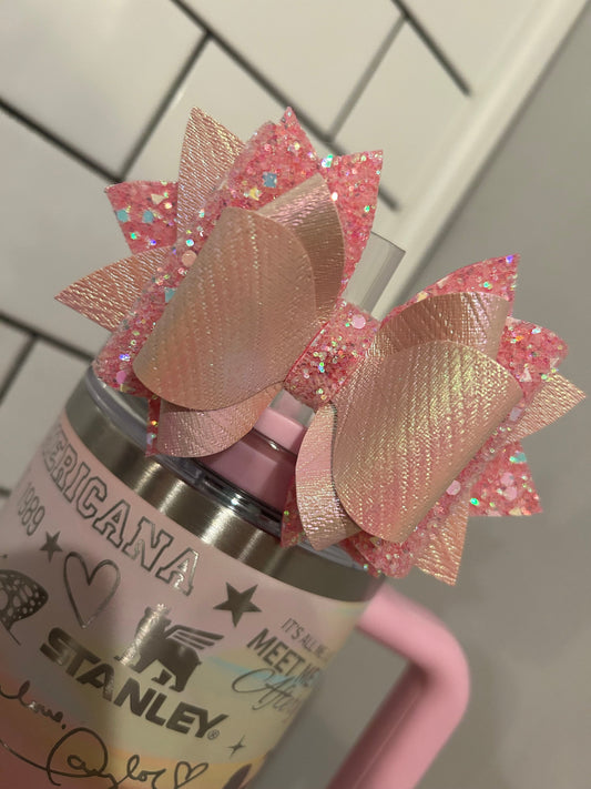 Stanley Tumbler Bow baby pink straw topper bloom winter tulle iridescent love shack fancy blooming heirloom ribbon Rosa rose petal shimmer
