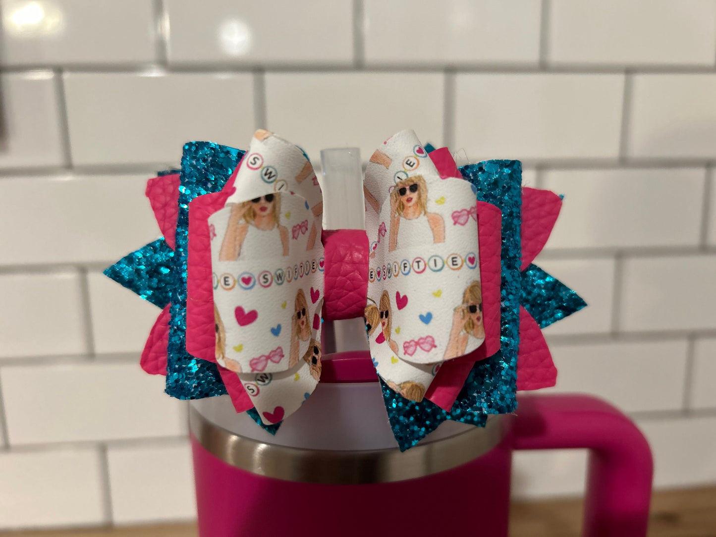 Taylor Swift Swifties Tumbler Bow for Stanley, straw topper hot pink teal turquoise fuchsia camelia peony