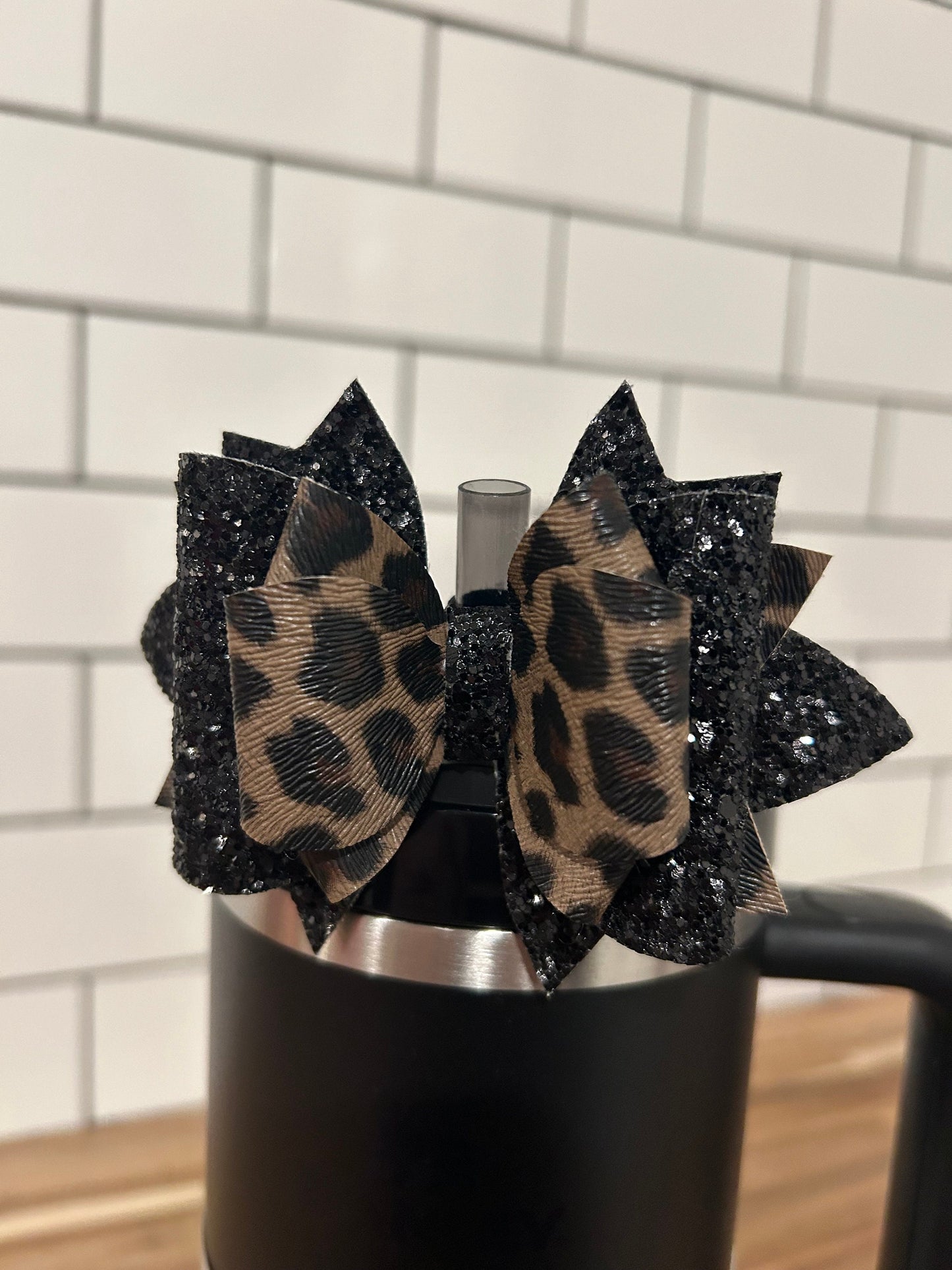 Tumbler Bow for Stanley, straw topper, black brown  leopard glitter gray grey silver for neon pink green yellow orange animal print