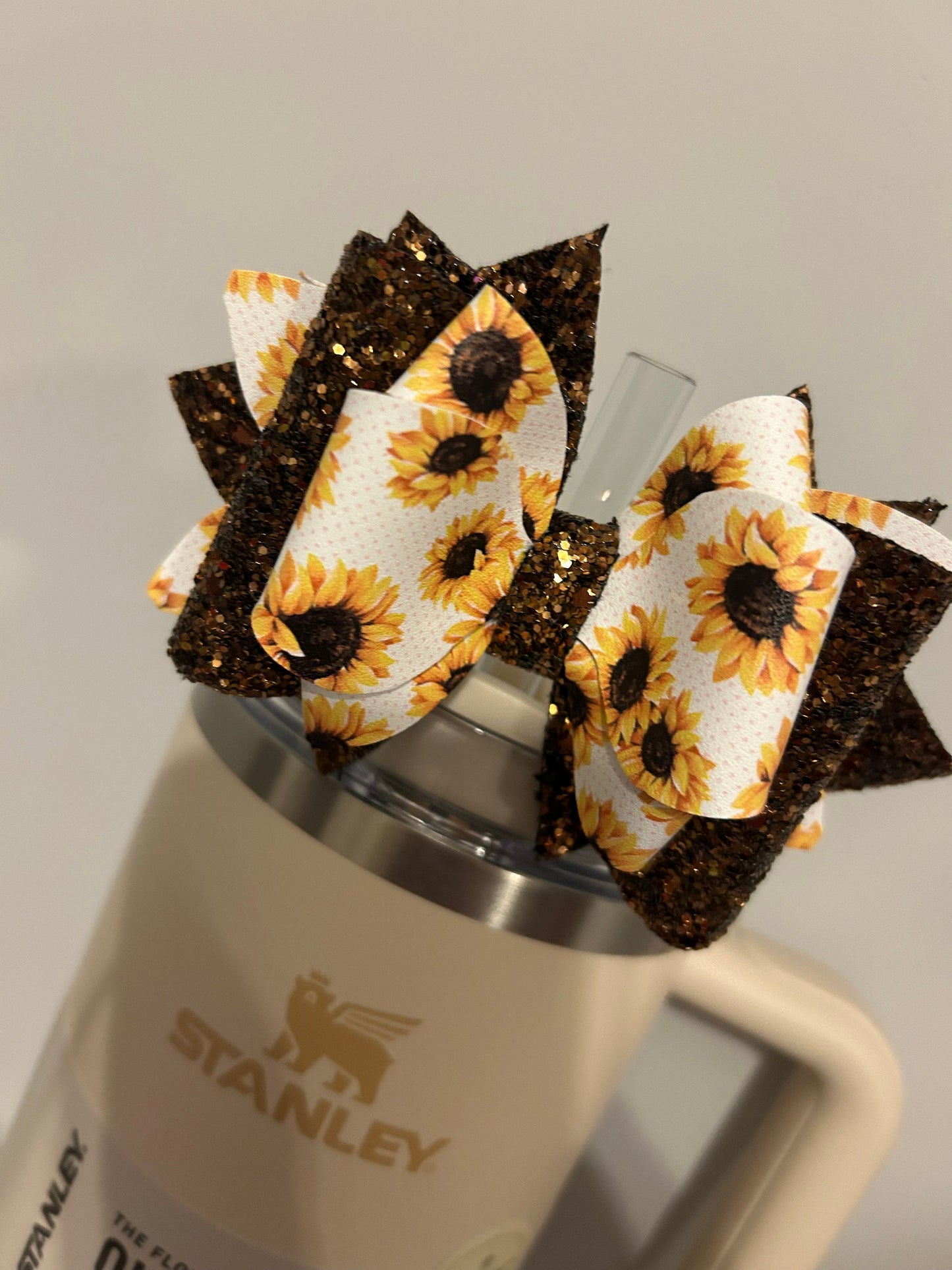 Stanley Tumbler Bow sunflowers brown gold yellow Straw Topper