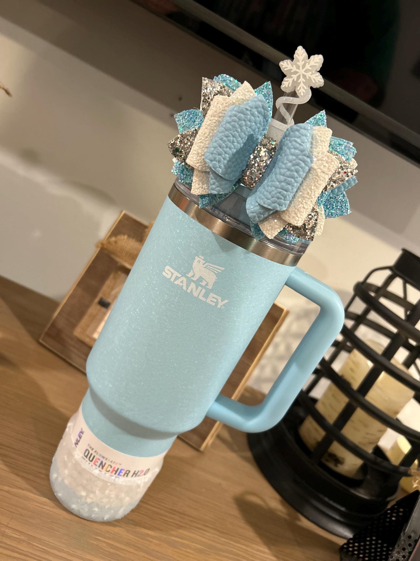 Stanley tumbler bow topper for straw blue ocean palms spring love shack fancy everblooming rosette winter wonderland powder blue crush