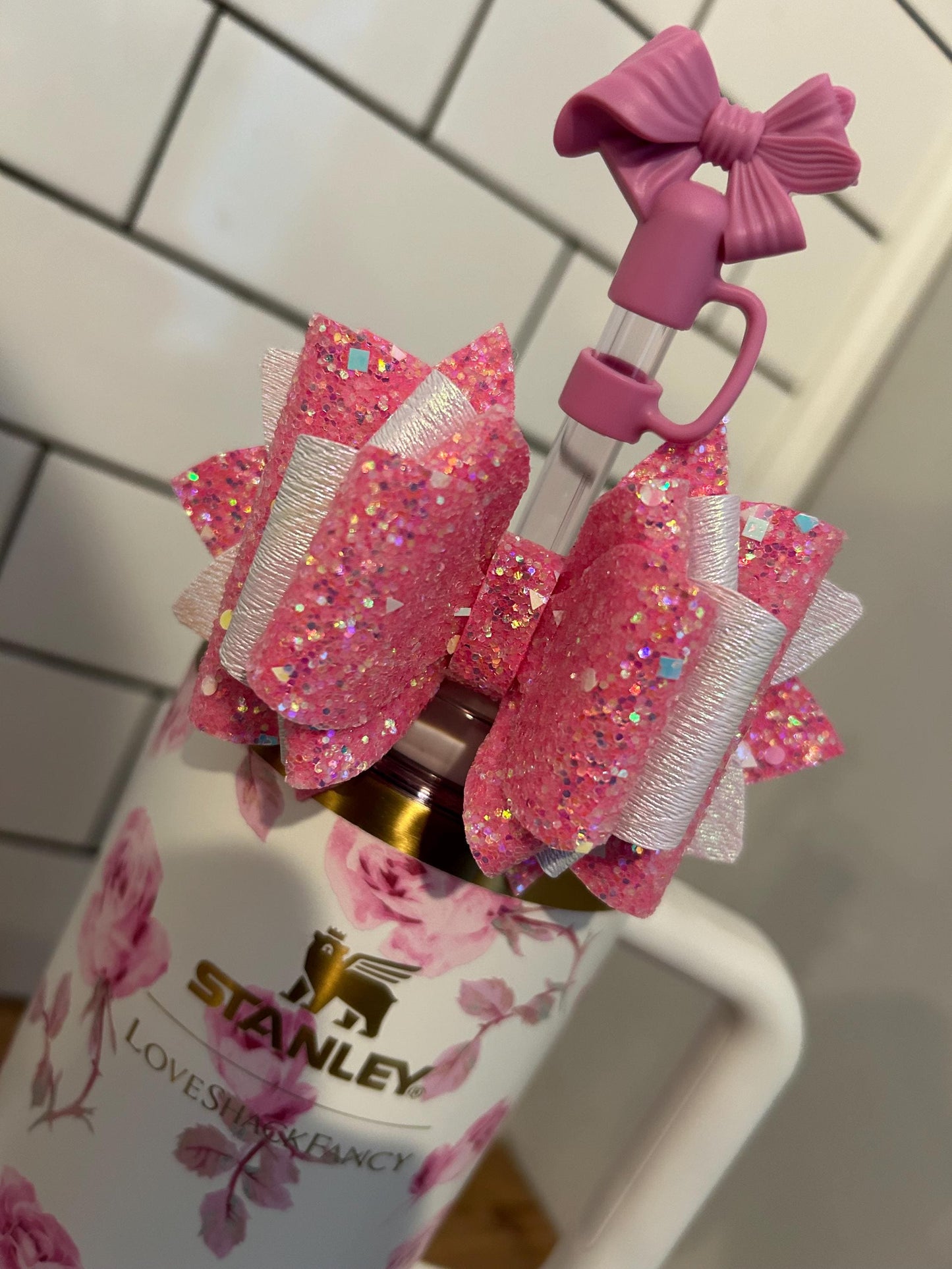 Stanley Tumbler Bow iridescent pink light pink  Glitter Straw Topper love shack fancy blooming heirloom ribbon rosa everblooming rosettes