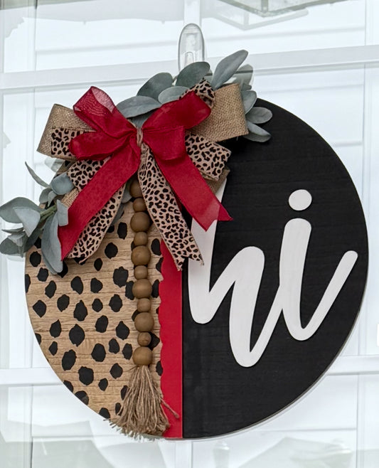 18” Wooden door sign hanger, red black leopard deer fawn animal print hi with bow beads