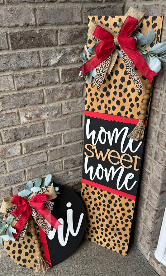18” Wooden door sign hanger, red black leopard deer fawn animal print hi with bow beads