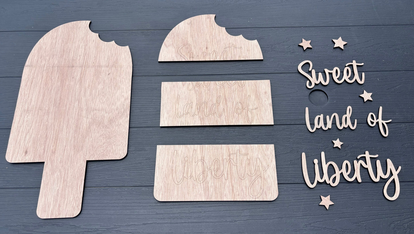 Wooden KIT, 4th of July blank for DIY door Sign, patriotic red white blue door hanger, popsicle sweet land of liberty, not ice cream cone