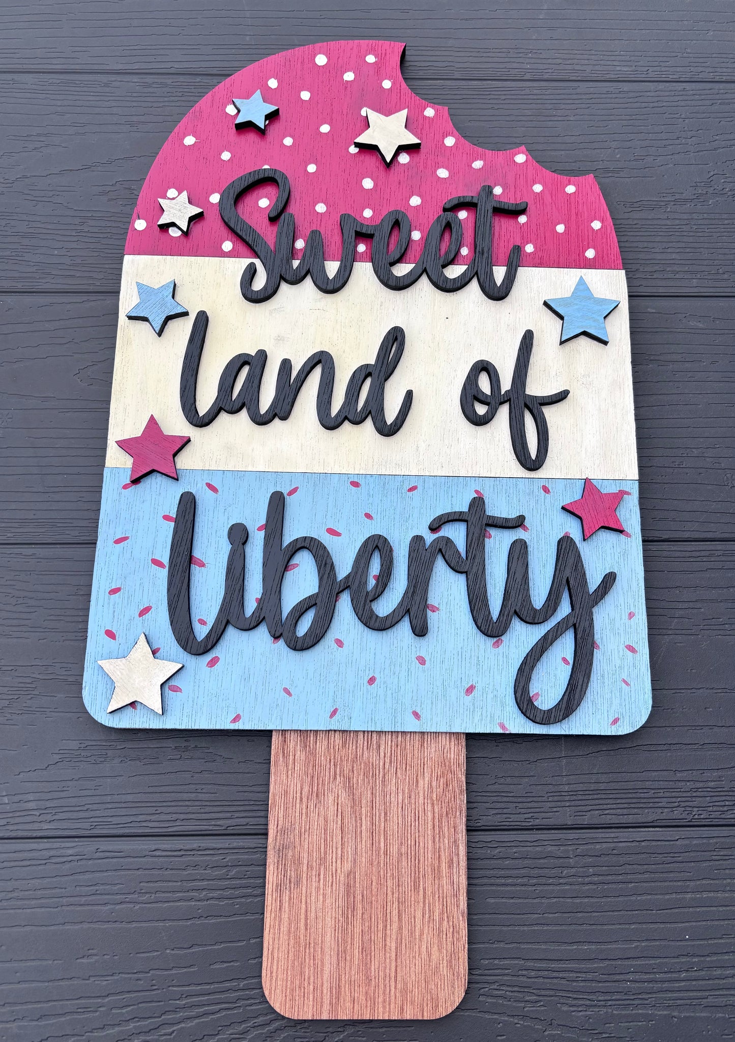 Wooden KIT, 4th of July blank for DIY door Sign, patriotic red white blue door hanger, popsicle sweet land of liberty, not ice cream cone