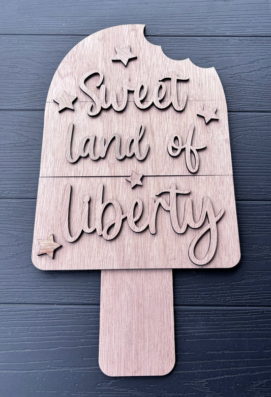 Wooden KIT, 4th of July blank for DIY door Sign, patriotic red white blue door hanger, popsicle sweet land of liberty, not ice cream cone
