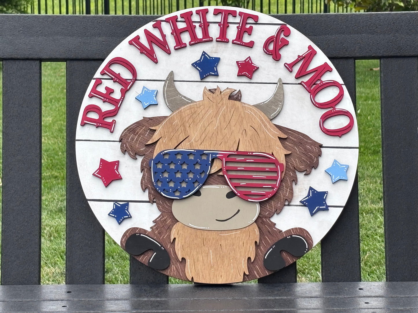 18” Patriotic 4th of July Door Sign, porch hanger, highland cow, red white and moo
