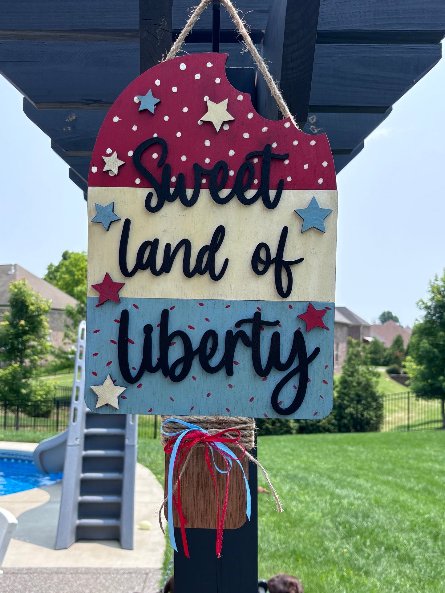 4th of July door Sign, patriotic red white blue door hanger, popsicle sweet land of liberty, not ice cream cone