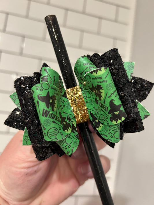 Custom Stanley Tumbler Bow Glitter Straw Topper Wicked Gold green black Halloween wizard of oz Elphaba