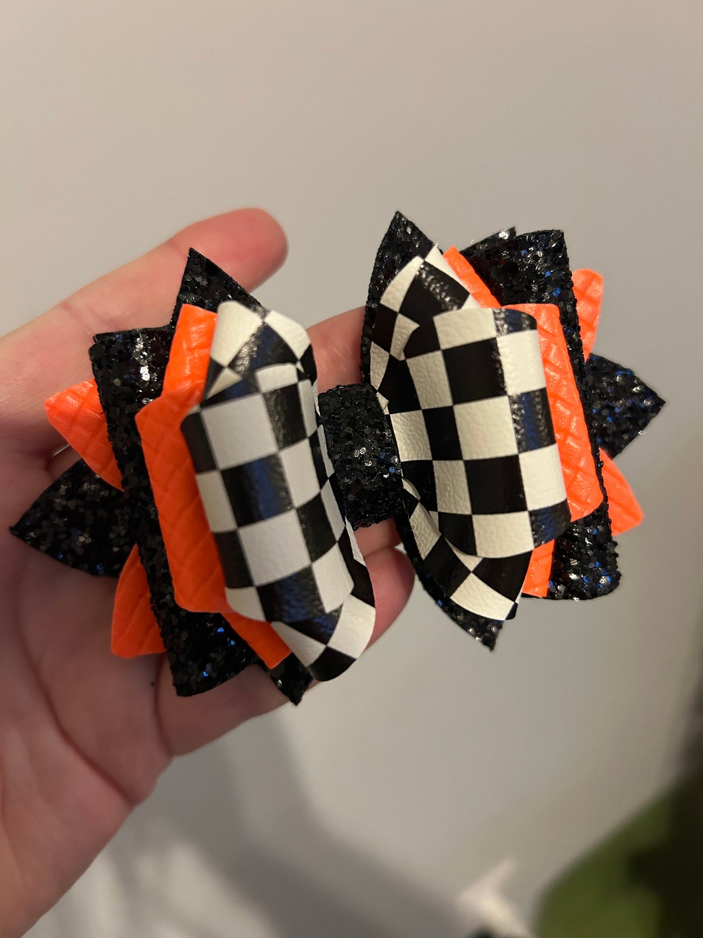 Tumbler Bow for Stanley, straw topper, black white check checkers squares neon orange