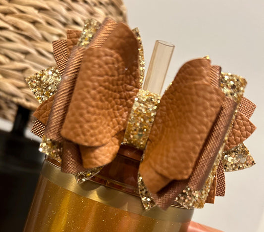 Glitter Tumbler Bow for Stanley, straw topper orange brown gold glitter tiger tyger Tyler Tyla copper tinsel beige