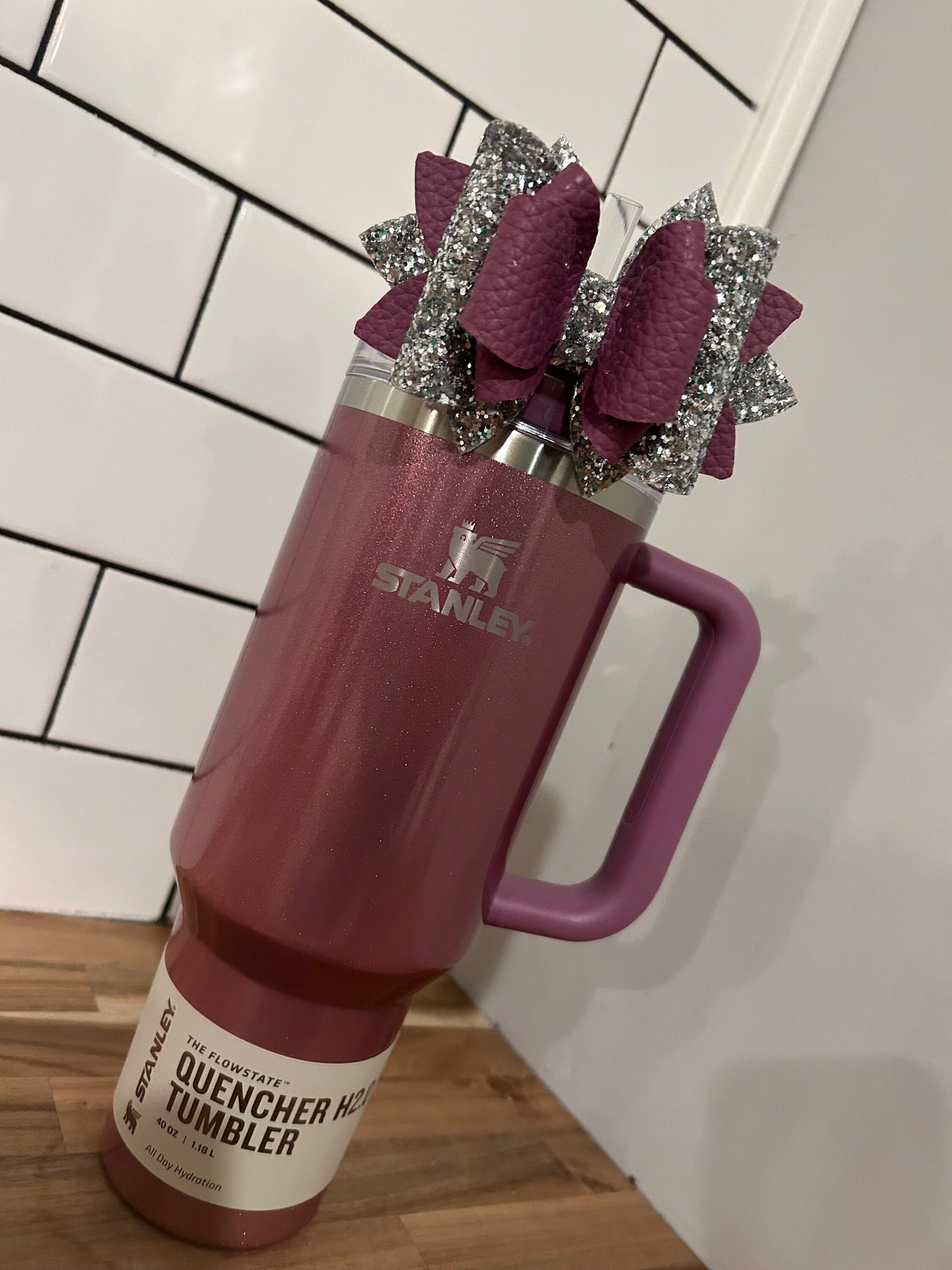 Glitter Tumbler Bow for Stanley, straw topper, mauve shimmer primrose purple glitter silver