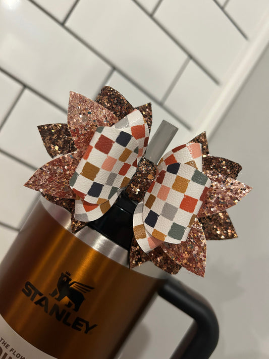 Stanley tumbler bow chocolate gold boho check brown gold white cream orange green best beige copper fall spring blue tiger Lilly