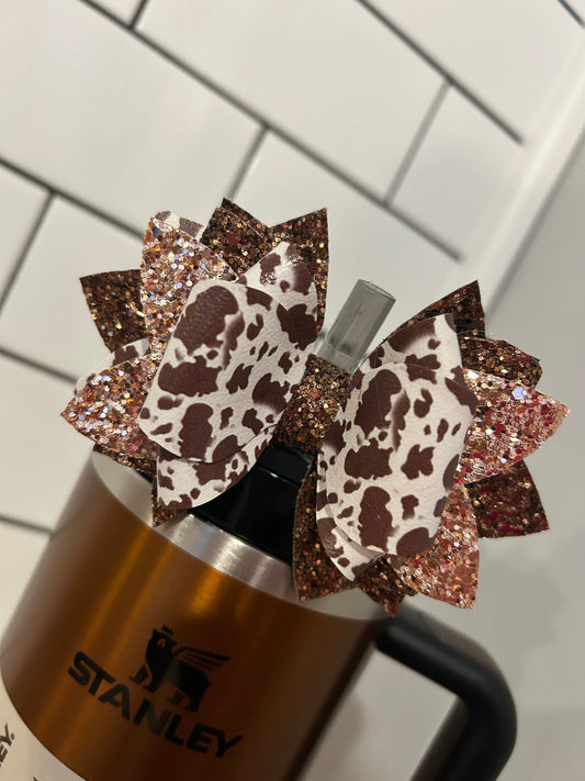 Tumbler Bow for Stanley, straw topper, brown cow glitter highland white olive pearl