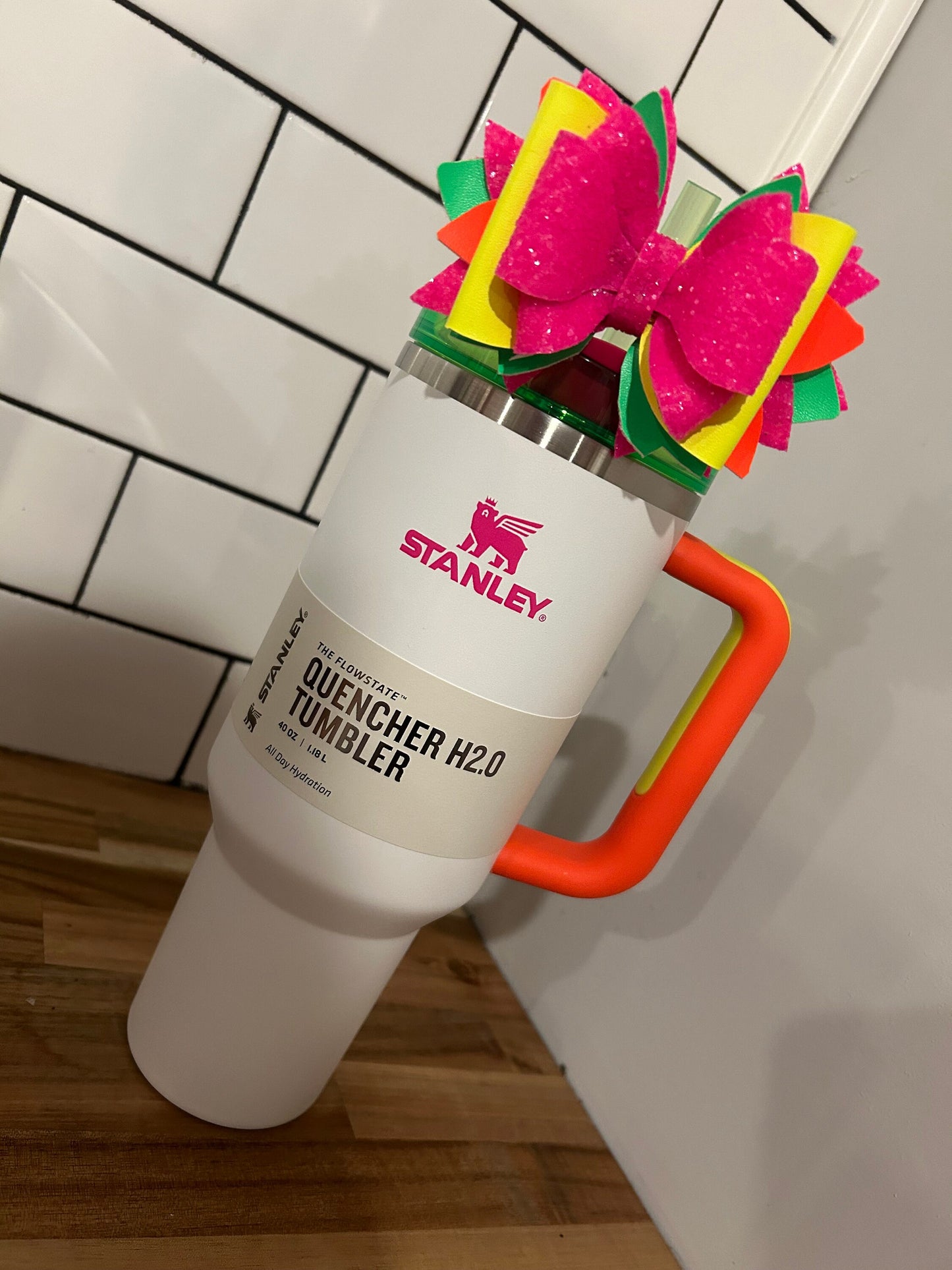 Stanley Tumbler Bow neon pink black with Glitter Straw Topper hot pink white neon green yellow orange glitter neon white neon black