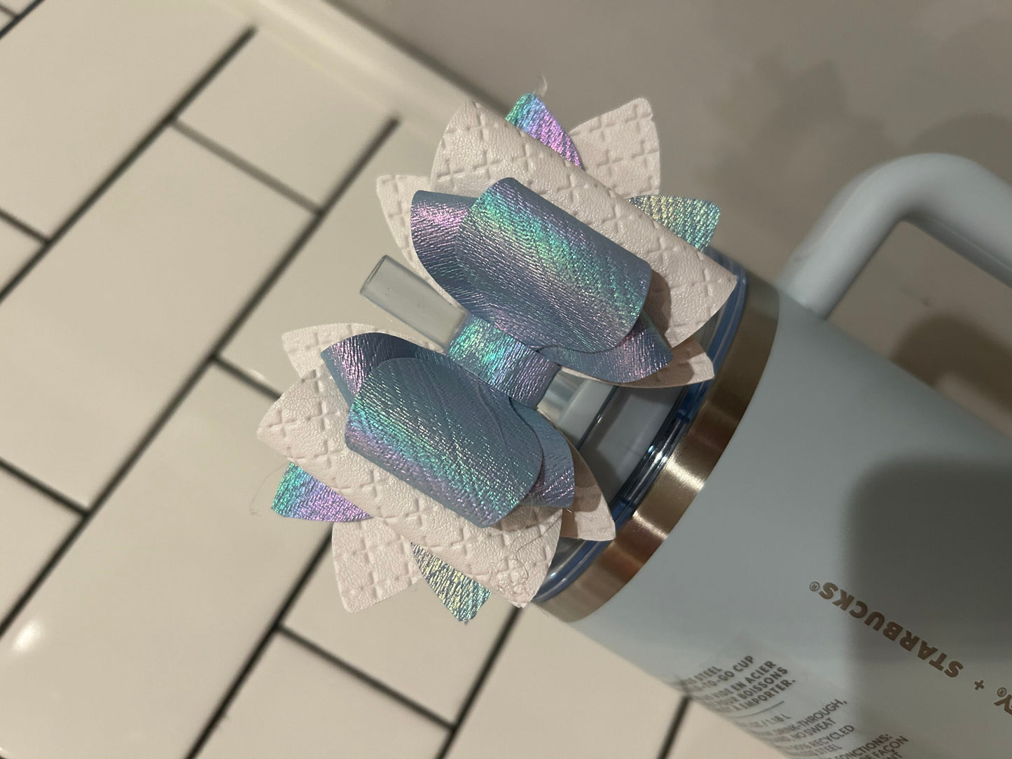 Stanley tumbler bow topper for straw iridescent light blue Silver Cinderella stanley Starbucks spring blue Shining white