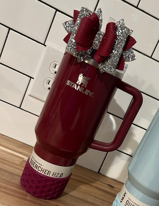 Glitter Tumbler Bow for Stanley, straw topper, cherry mocha glitter silver burgundy maroon dark red Cabernet