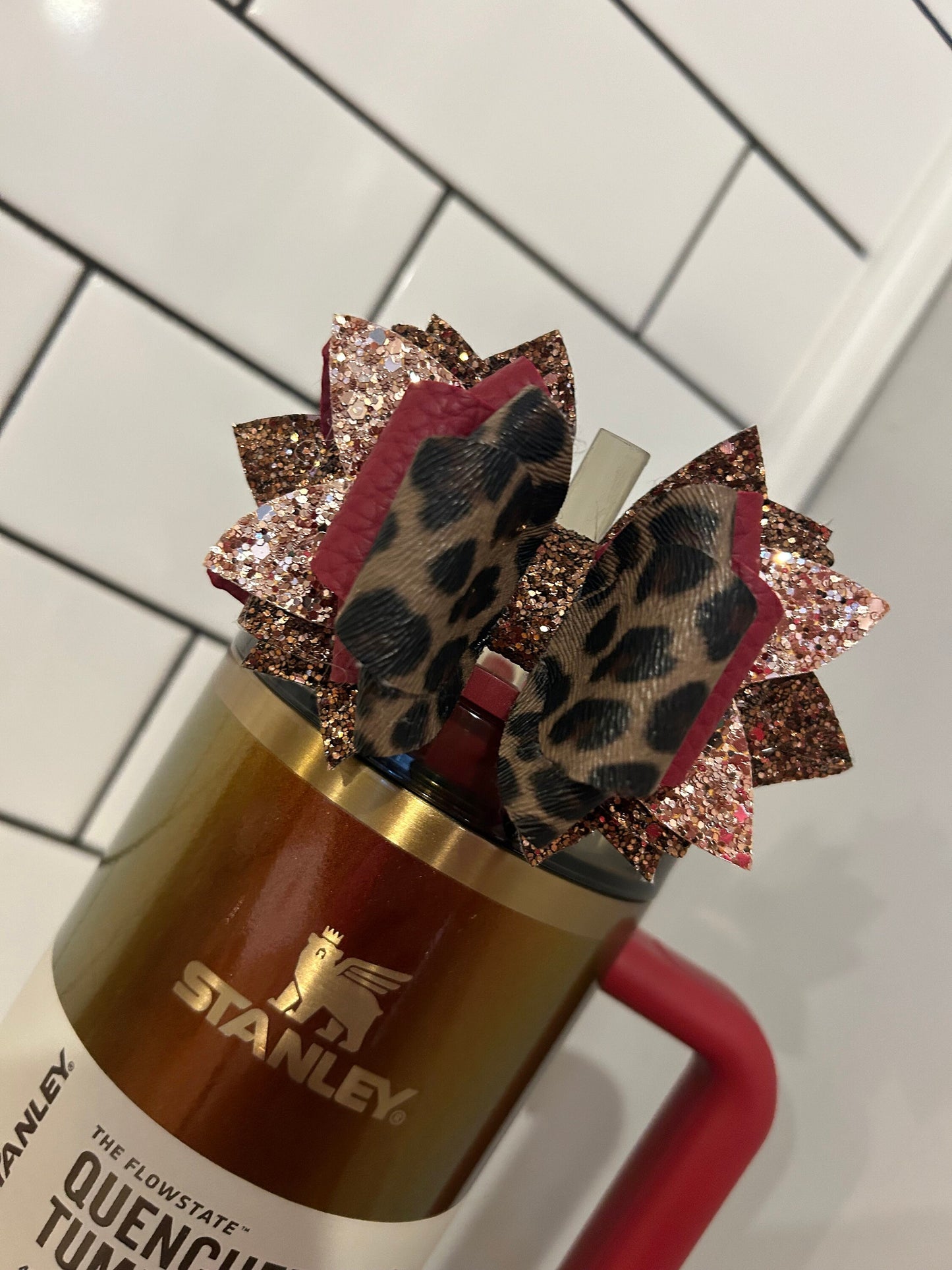 Glitter Tumbler Bow for Stanley, straw topper burgundy maroon gold glitter country gold Lainey Wilson cranberry brown leopard cheetah print