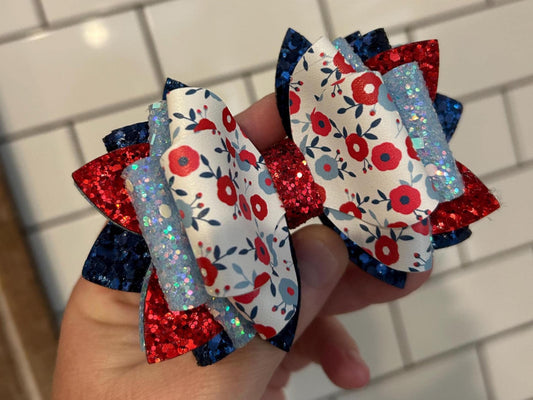 Glitter Tumbler Bow for Stanley, straw topper, red white blue patriotic navy USA glitter stars flowers poppies flag