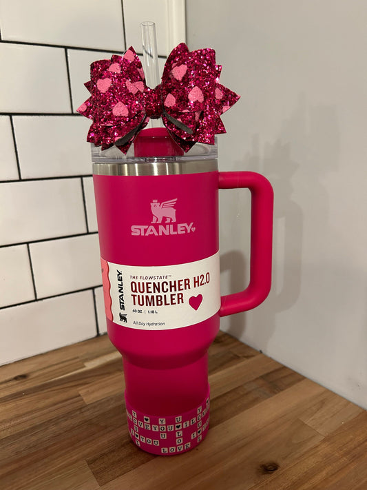 Stanley Tumbler Bow Straw Topper Valentine Hearts Hot Pink cosmo pink cosmic glitter