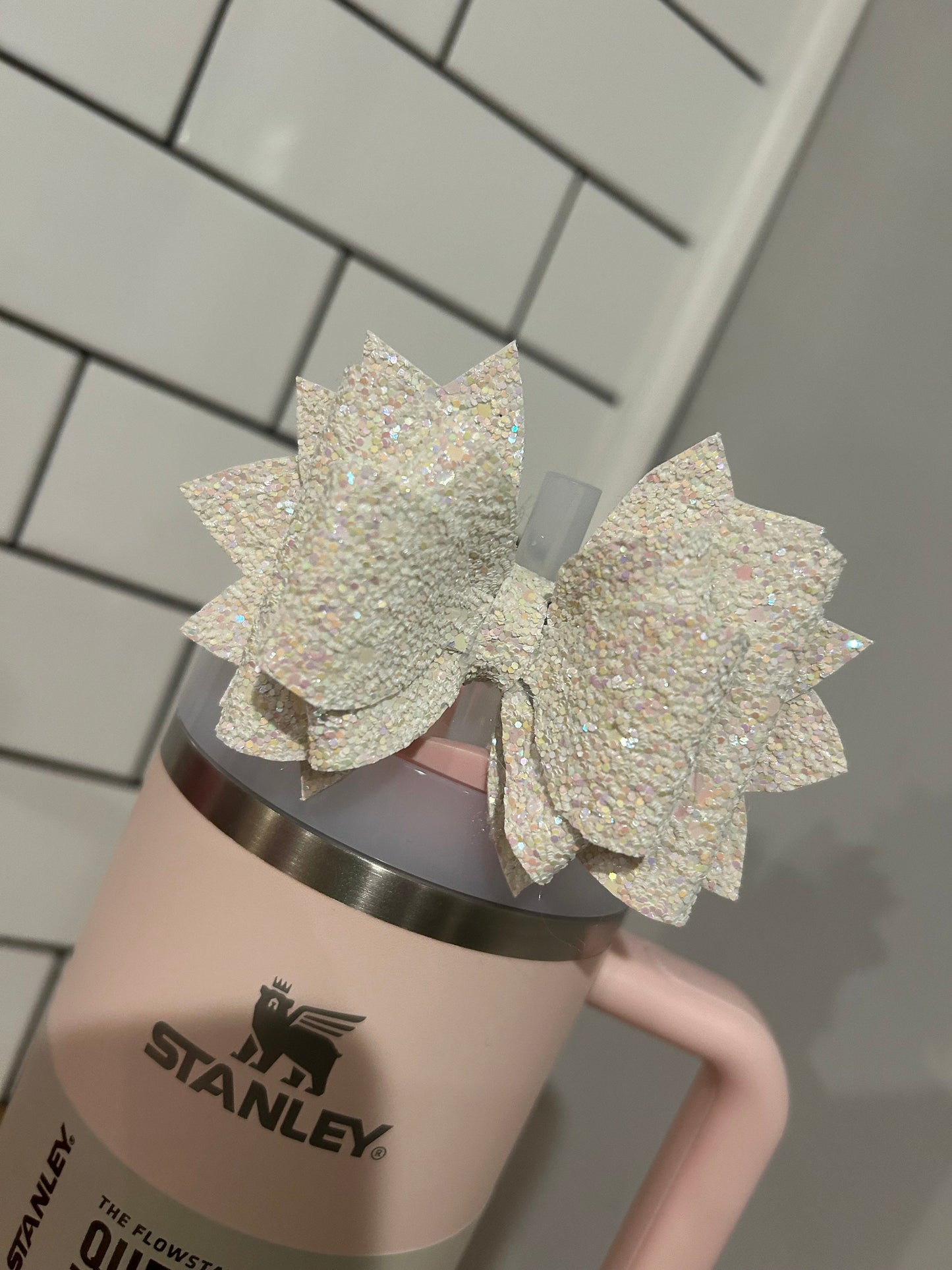 Glitter Tumbler Bow for Stanley, straw topper, white glitter love shack fancy