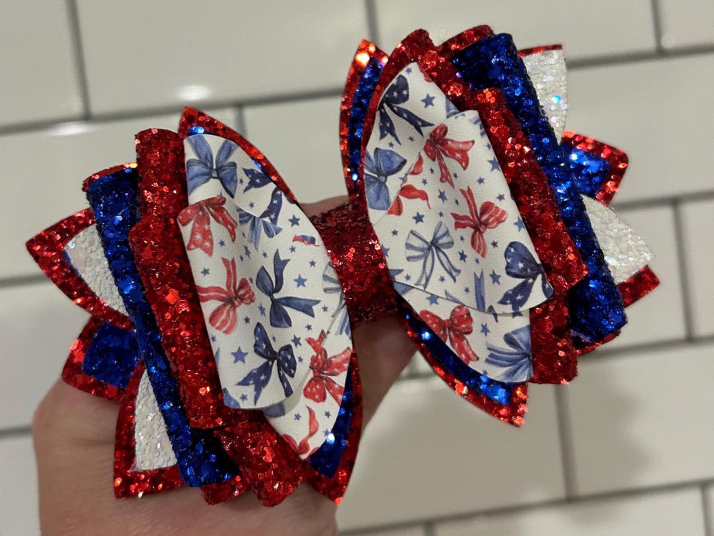 XL 5 inch Glitter Tumbler Bow for Stanley, straw topper, red white blue  navy USA glitter flag stars stripes and 4th of July bows coquette