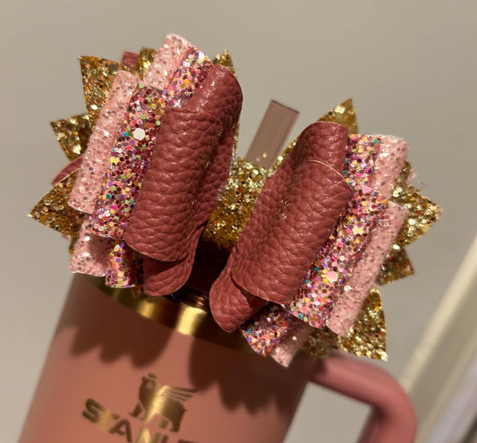 Custom Stanley Tumbler Bow Glitter Straw Topper gold pink rose antique pink mauve valentine rose gold