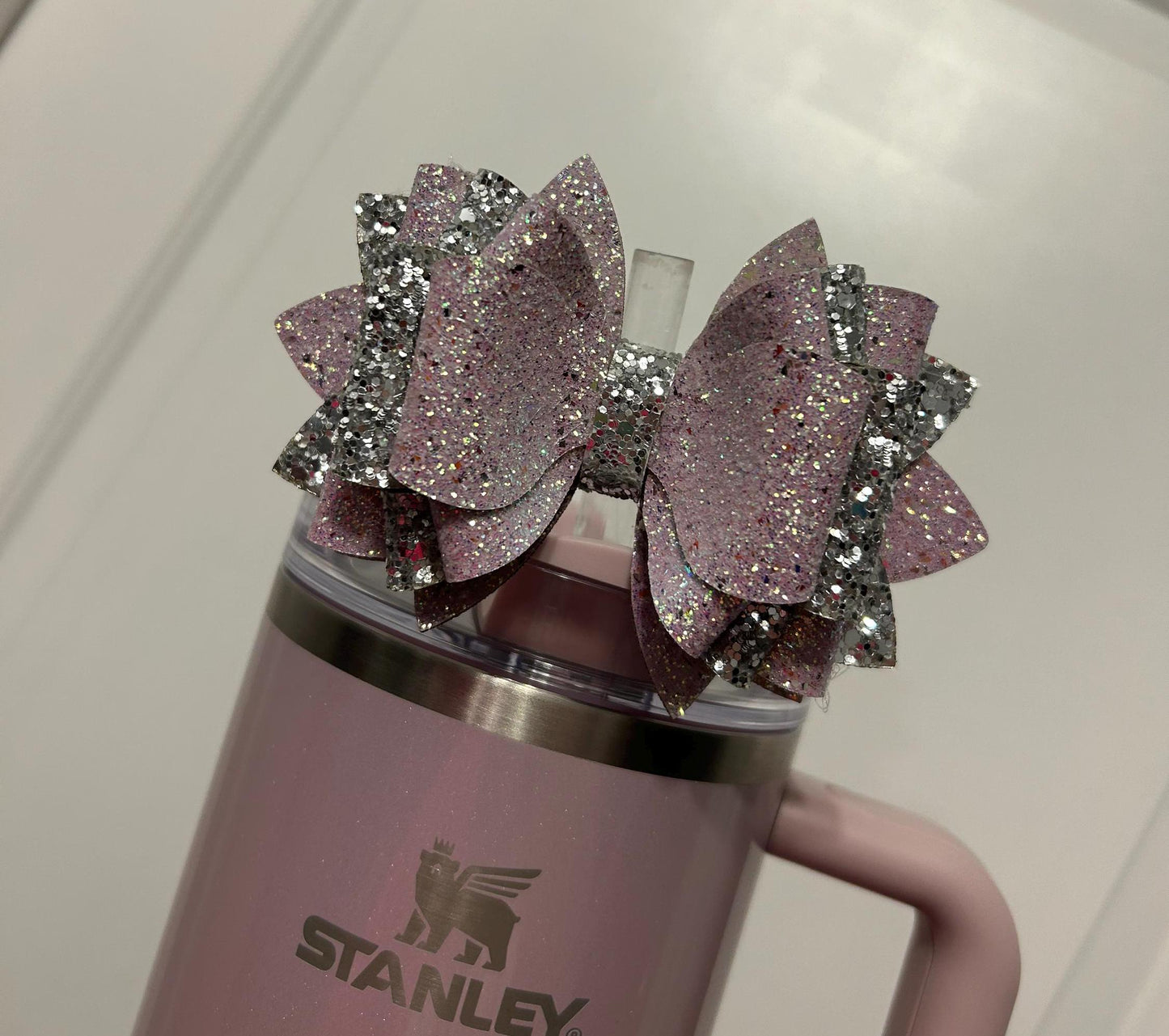 Glitter Tumbler Bow for Stanley, straw topper, aster lavender iridescent glitter silver pink