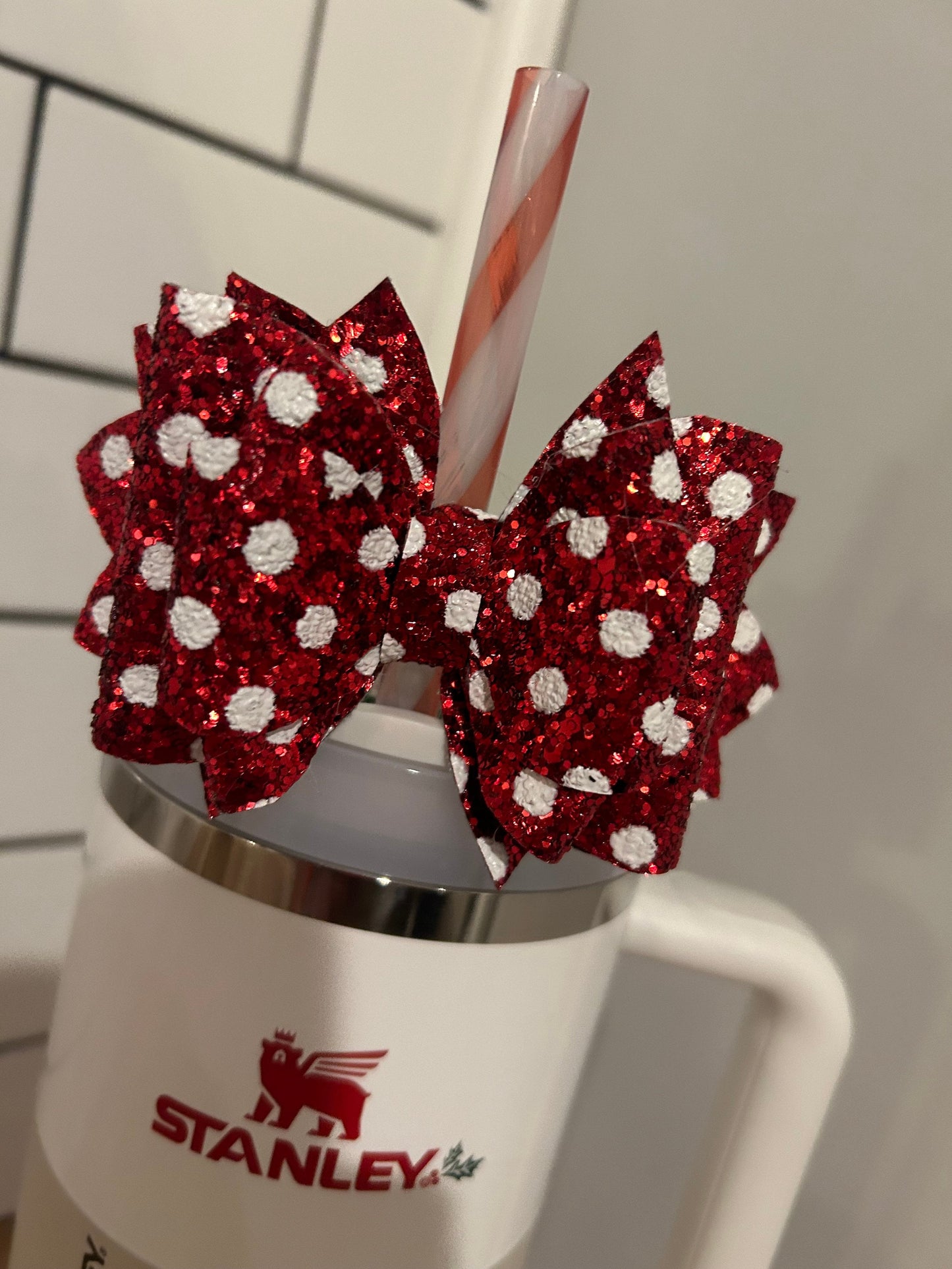 Glitter Tumbler Bow - Straw Topper Red White Polka Dot Minnie Valentines Day Mouse for Stanley