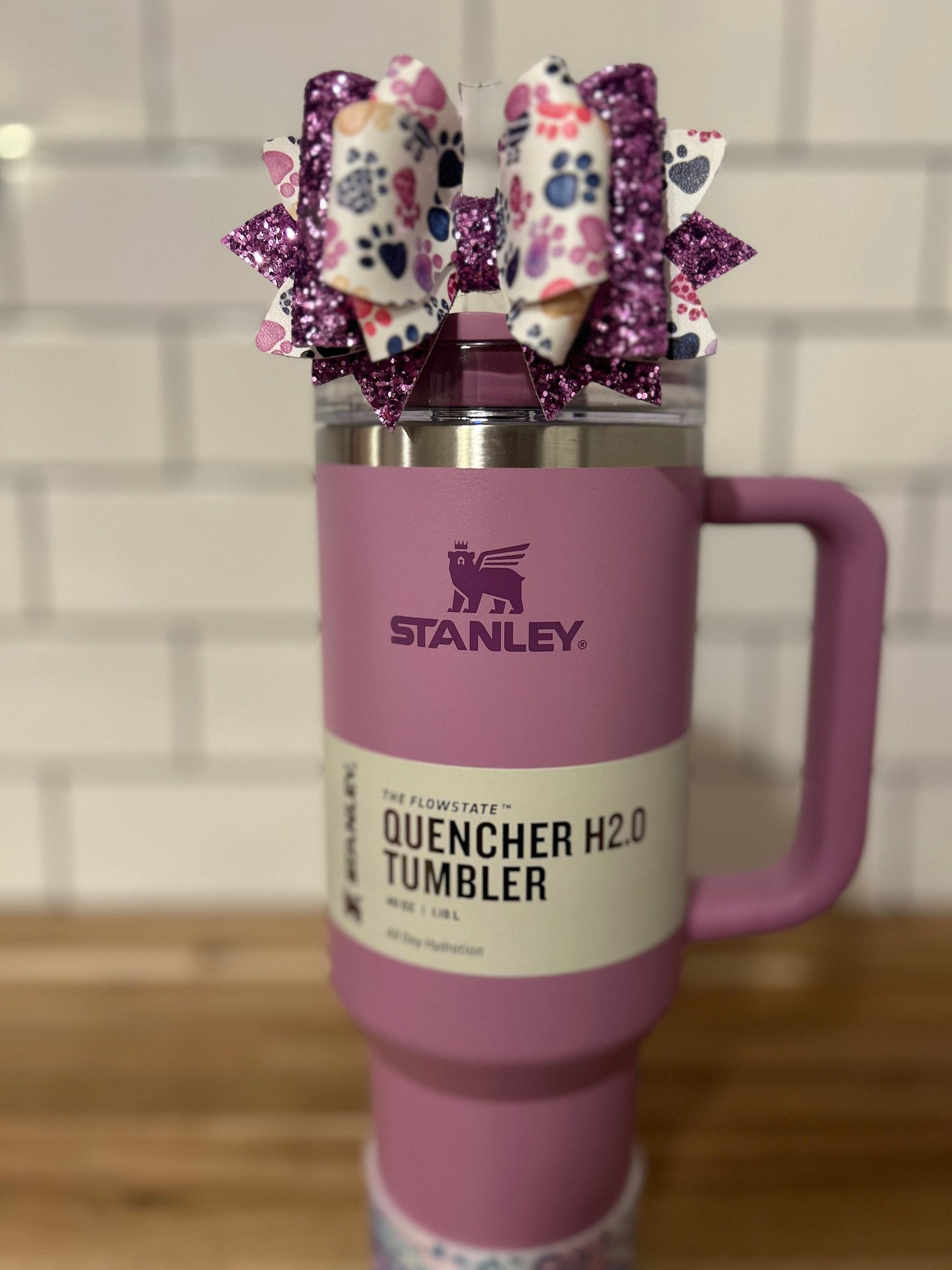 Glitter Tumbler Bow for Stanley, straw topper, paws pets animals cats dogs tigerLilly pink purple blue yellow orange lavender white plum