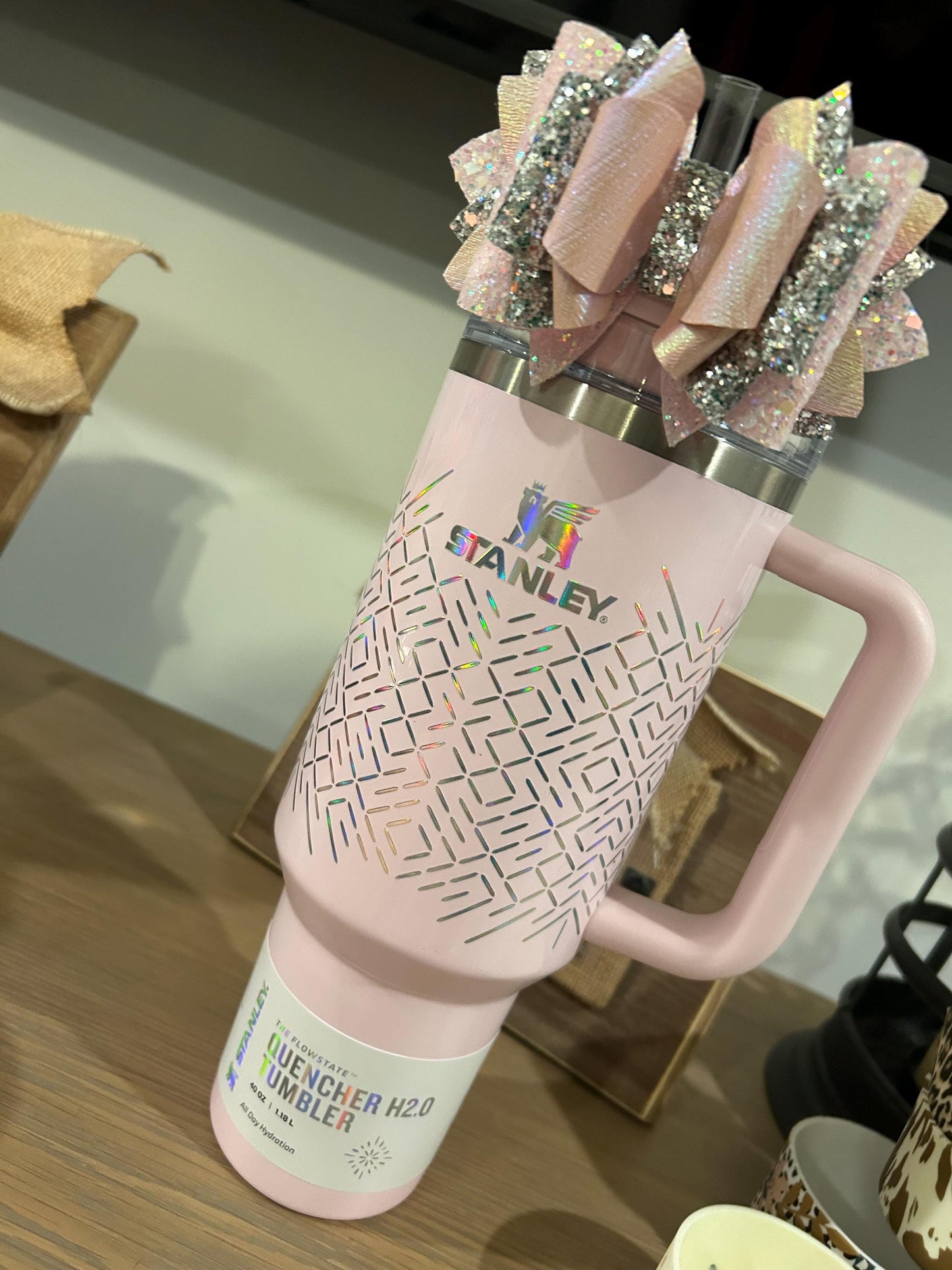 Stanley Tumbler Bow petal Straw Topper shimmer winter wonderland icicle gloss white pink silver parfait pearlescent bloom iridescent