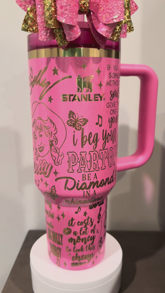 Engraved Stanley Quencher 2.0 pink tumbler viloet pink wicked Glinda 40oz, Dolly Parton theme